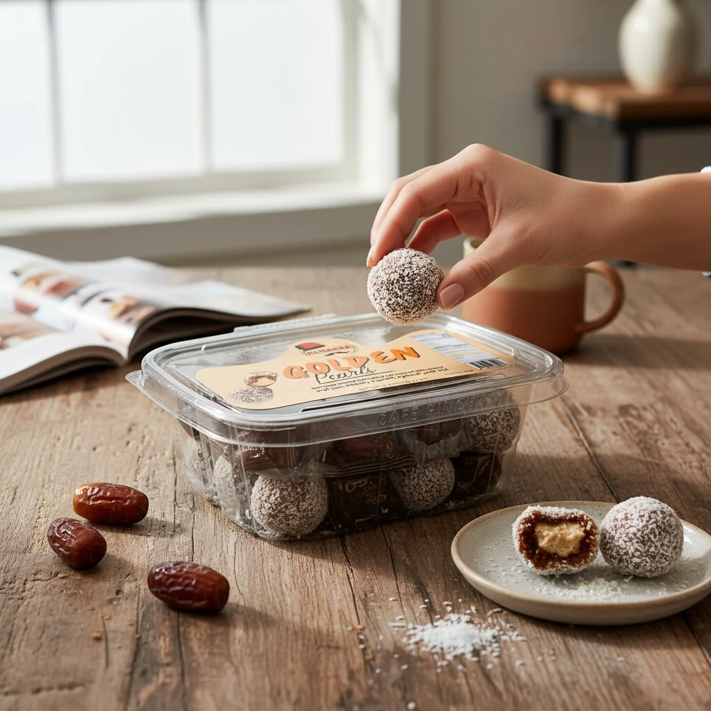 Golden Pearls Date Balls - Healthy Dessert Treats Stuffed With Tahini & Rolled In Coconut