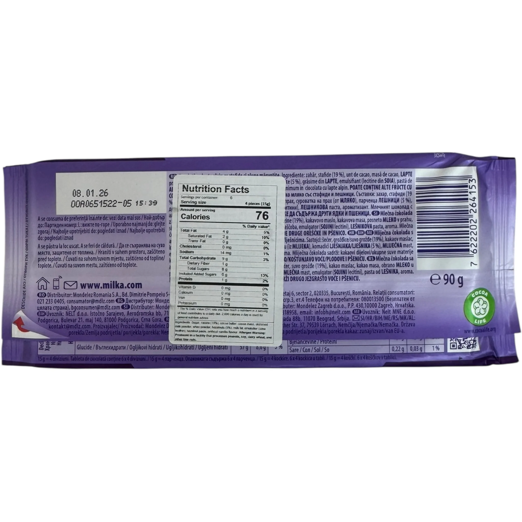 Milka Chocolate With Raisins And Nuts – 90g Snack Bar - Image 2