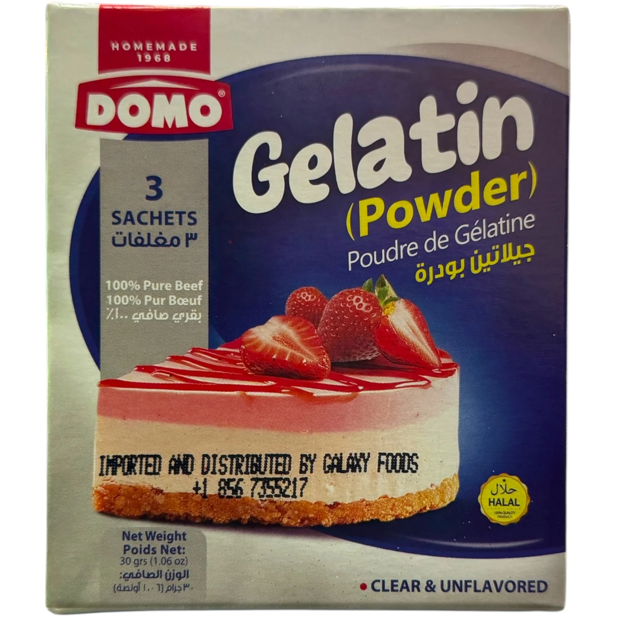 Unflavored Halal Gelatin Powder - DOMO Clear Gelatin Powder, 3 Sachets for Baking and Cooking