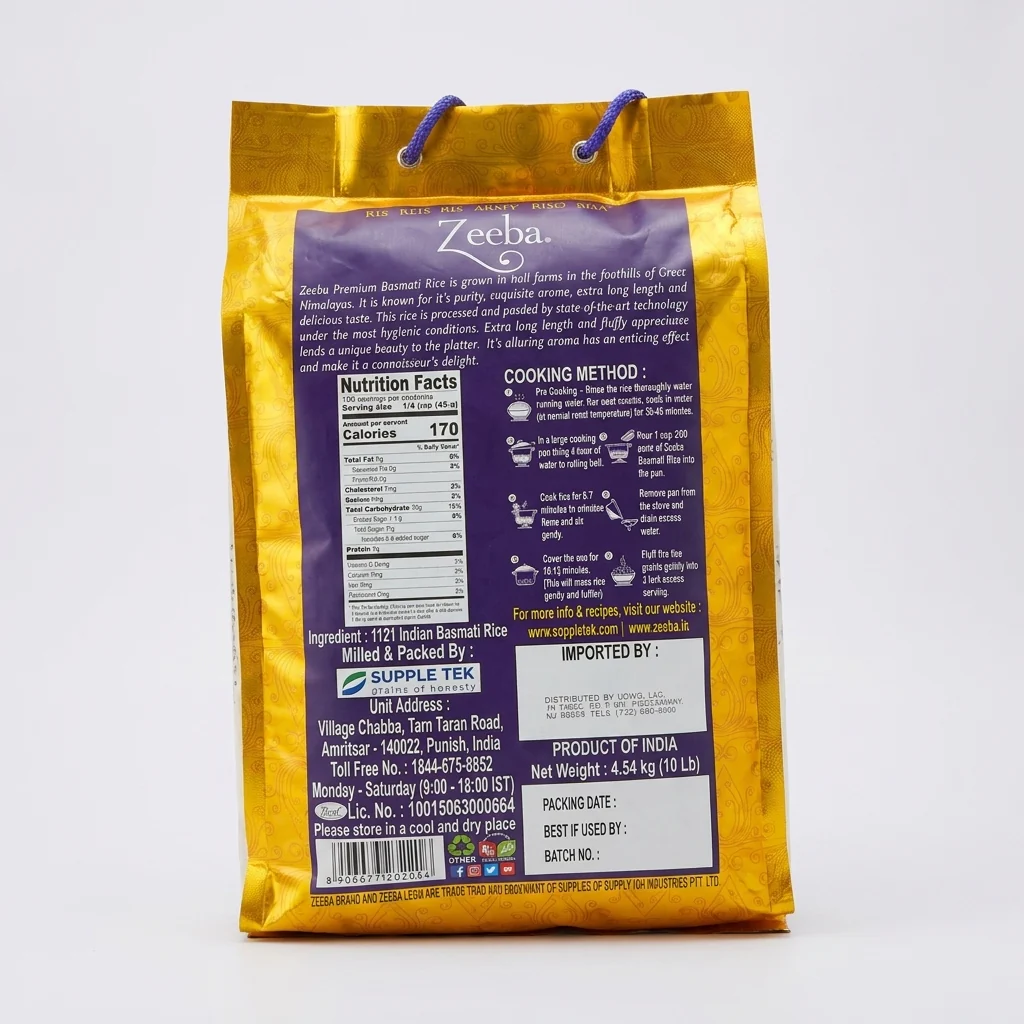 Zeeba 1121 Premium Basmati Rice 10 lb - Extra Long Grain Indian Rice - Image 2